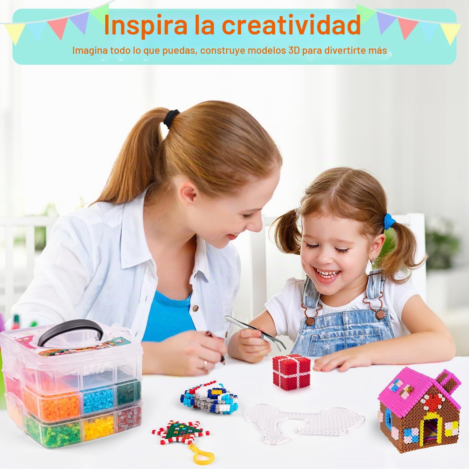 SLEMAKO Cuentas para planchar, 10600 Cuentas y perlas fusibles combinación con caja de almacenamiento, Guía del usuario, Placas, Creación DIY de Joyas, Decoración y Ideas de Manualidades 3D para Niños