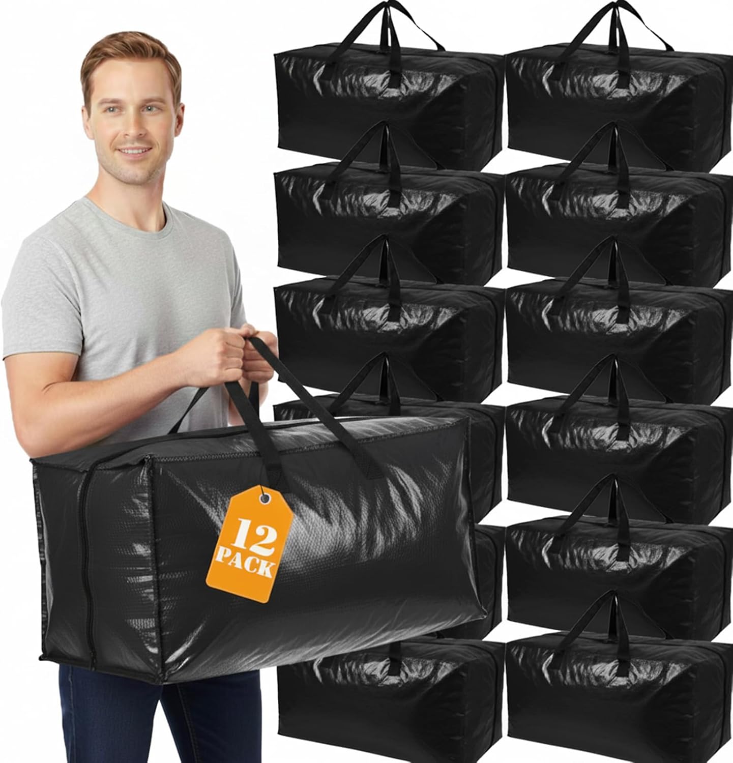 12 Pack Moving Bags with Strong Zippers Handle, Extra Large Heavy Duty Moving Bags Storage Totes for Space Saving Dorm Room Packing Clothes Containers Essentials Supplies(Black)