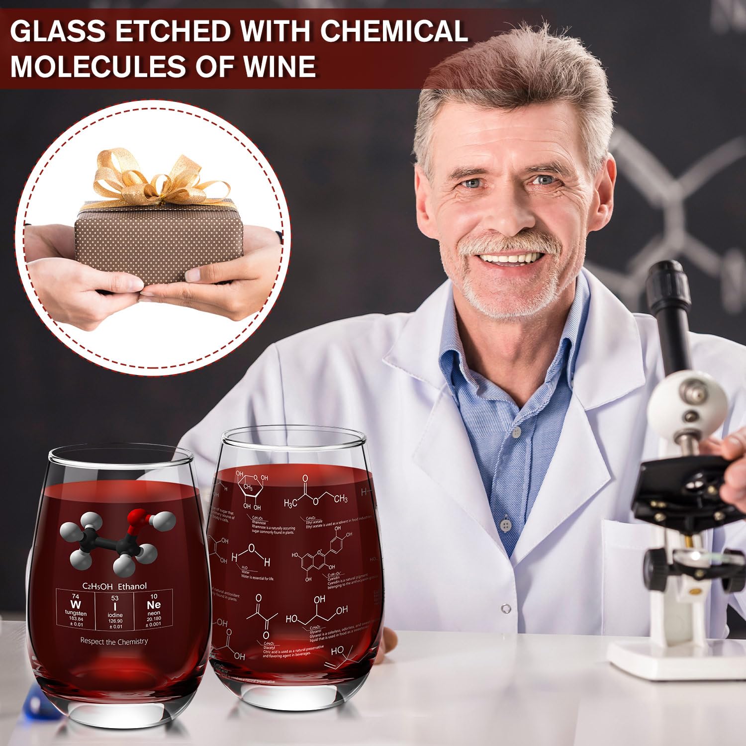 Yungyan Weinglas ohne Stiel, transparent, 425 ml, wissenschaftliche Geschenke für Erwachsene, Lehrer, Wertschätzungsgeschenk, Chemiebecher, Glaswaren mit Molekülen für Kaffee, Tee, heiße und kalte