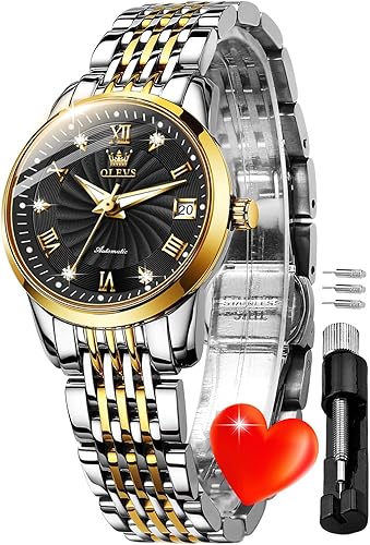OLEVS Relojes automáticos para mujer diseño clásico de diamantes para mujer reloj de pulsera de acero inoxidable dorado con cuerda automática de dos