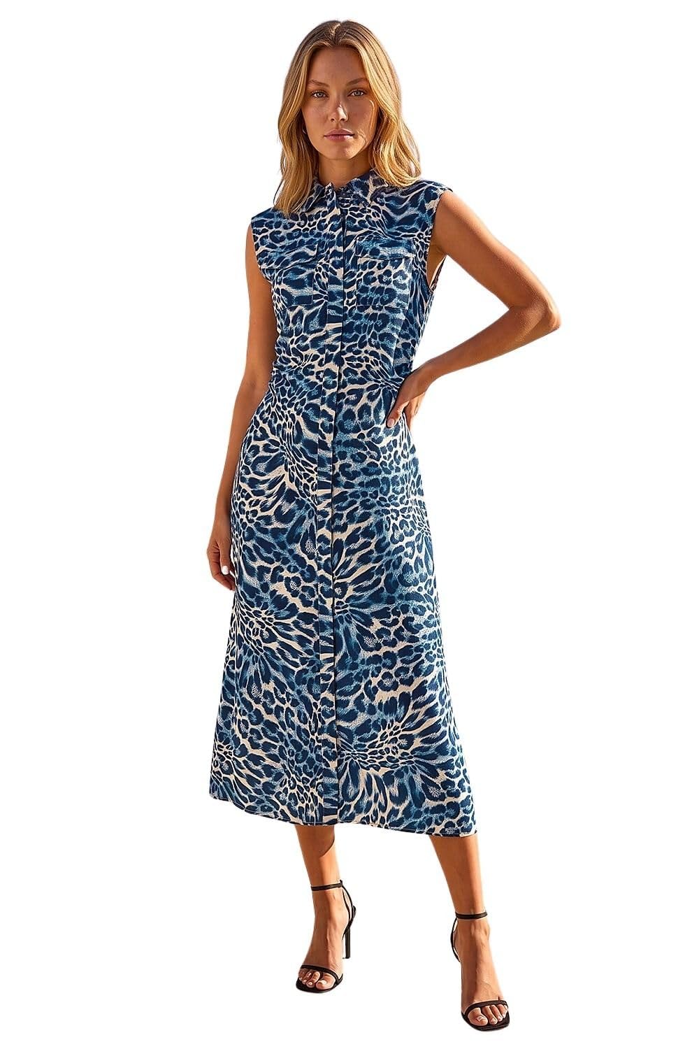 Roman  Blue Animal Print Gathered Shirt Dress Size 20
