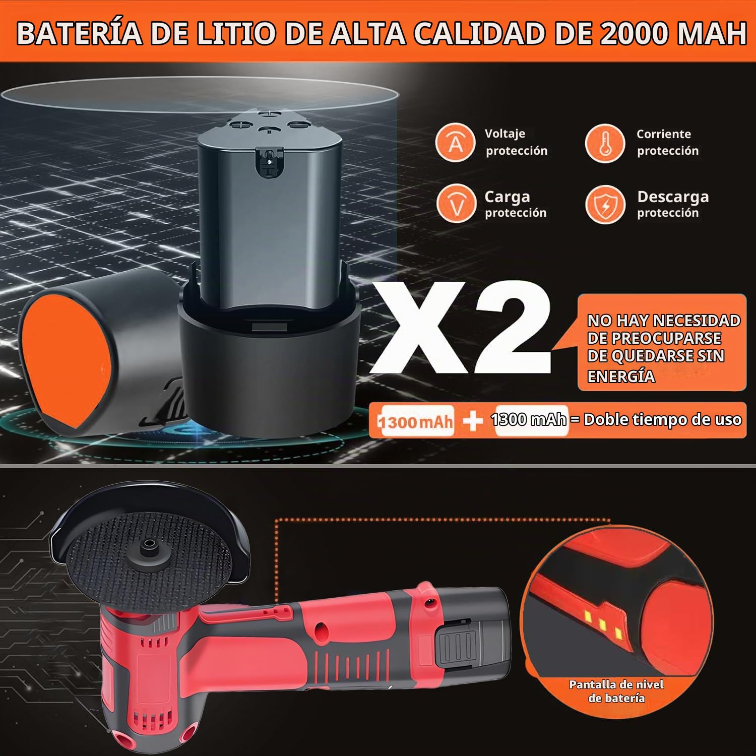 Mini Amoladora Angular, Multifunción Amoladora Pequeña a Doble Batería | Motor de Alta Potencia, 7 Accesorios, Corte Lijado Pulido, Caja, para Baldosas Madera Acero Piedra