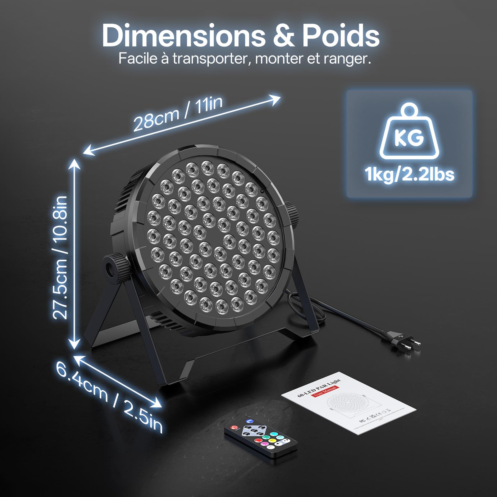 Projecteurs Par à 60 Led, Éclairage De Scène Rgb Avec Télécommande Et Contrôle Dmx512 Lumières Disco Et Éclairage Festif, Parfaits Pour Les Dj, Bars, Mariages, Fêtes, Halloween Et Noël.