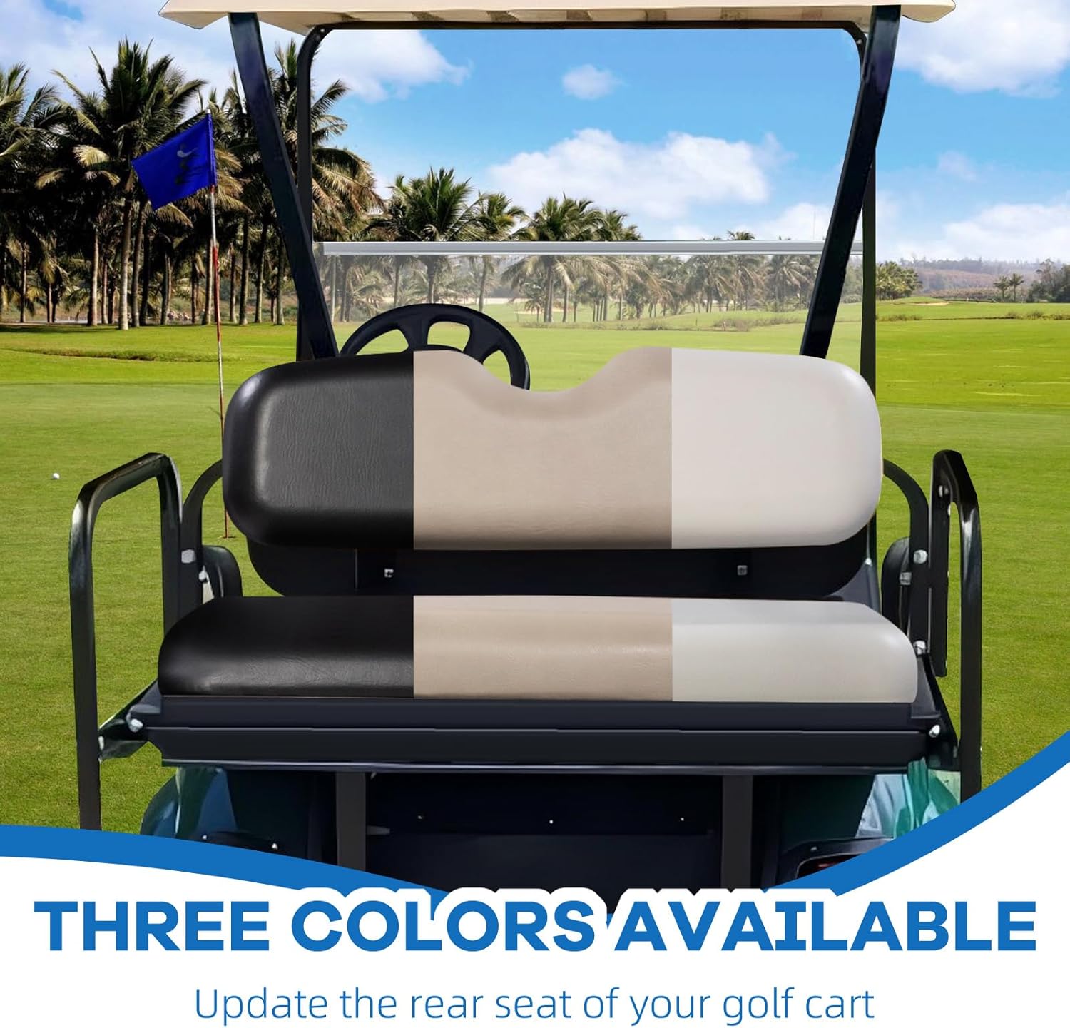 EZGO RXV Golf Cart Flip Folding Rear Seat Kit, Stone Beige Cushions, Black Powder-Coated Frame, Plastic Footrest, Cooler Box Cutout, Fit for both Pre-2015 and 2016+ Models