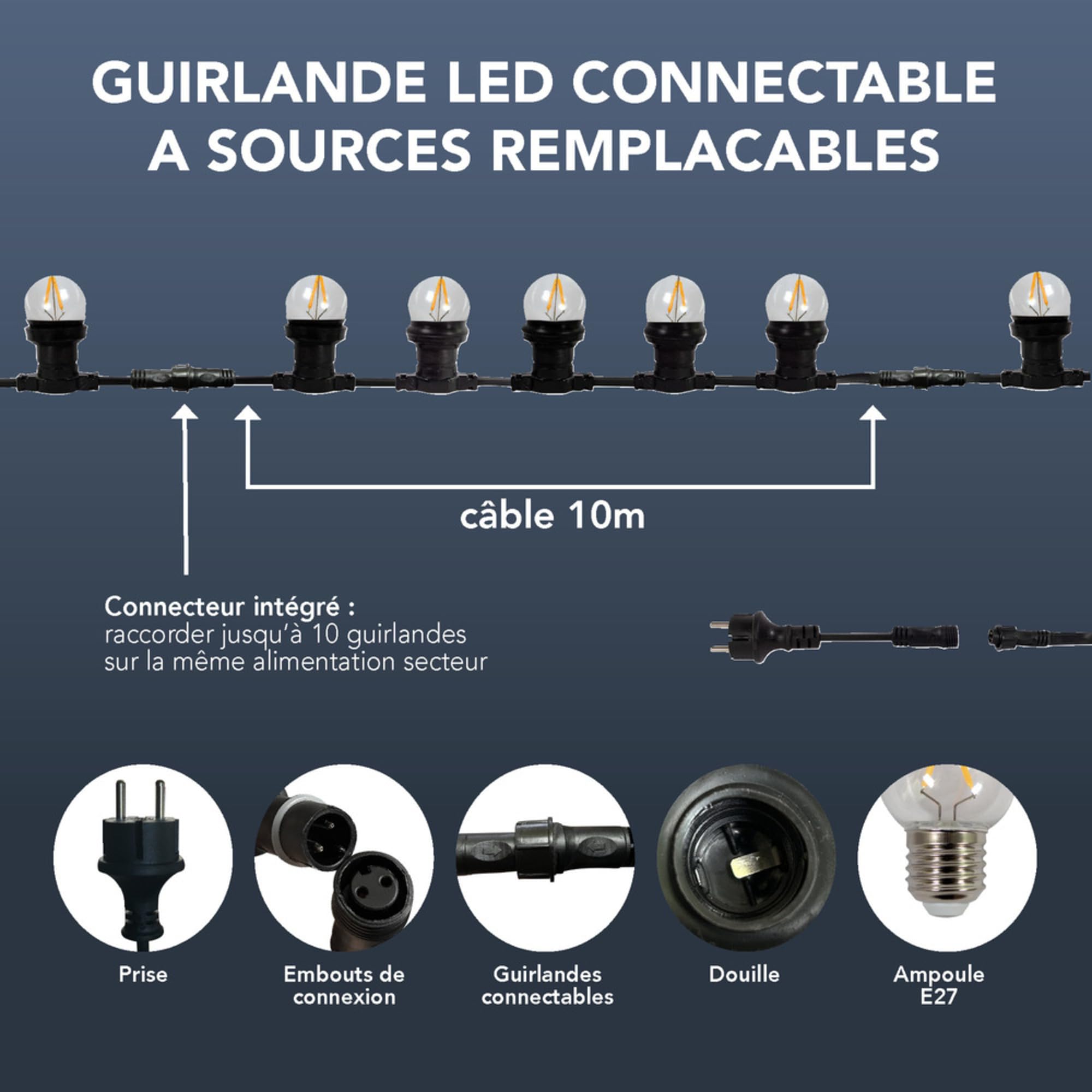 TIBELEC Guirlande LED Connectable 10 Douilles E27-10 Ampoules à Filament 85LM, Idéale pour Extérieur