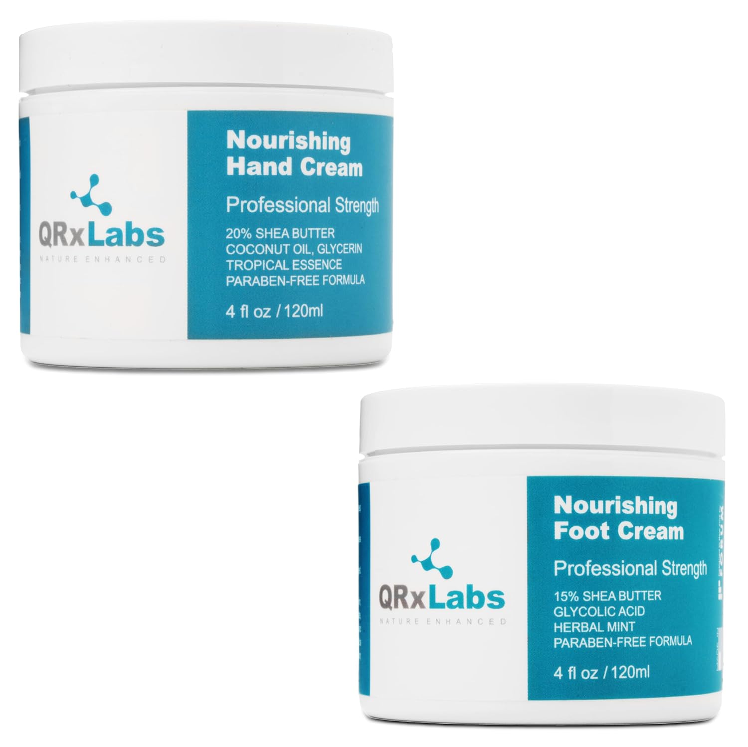 QRxLabs Shea Hand & Foot Cream Bundle – 4 oz – Hydrating Formula with Shea Butter, Coconut Oil, Vitamin E, & Glycolic Acid – Soften, Moisturize, Repair Dry Hands & Feet – Non-Greasy, Paraben-Free