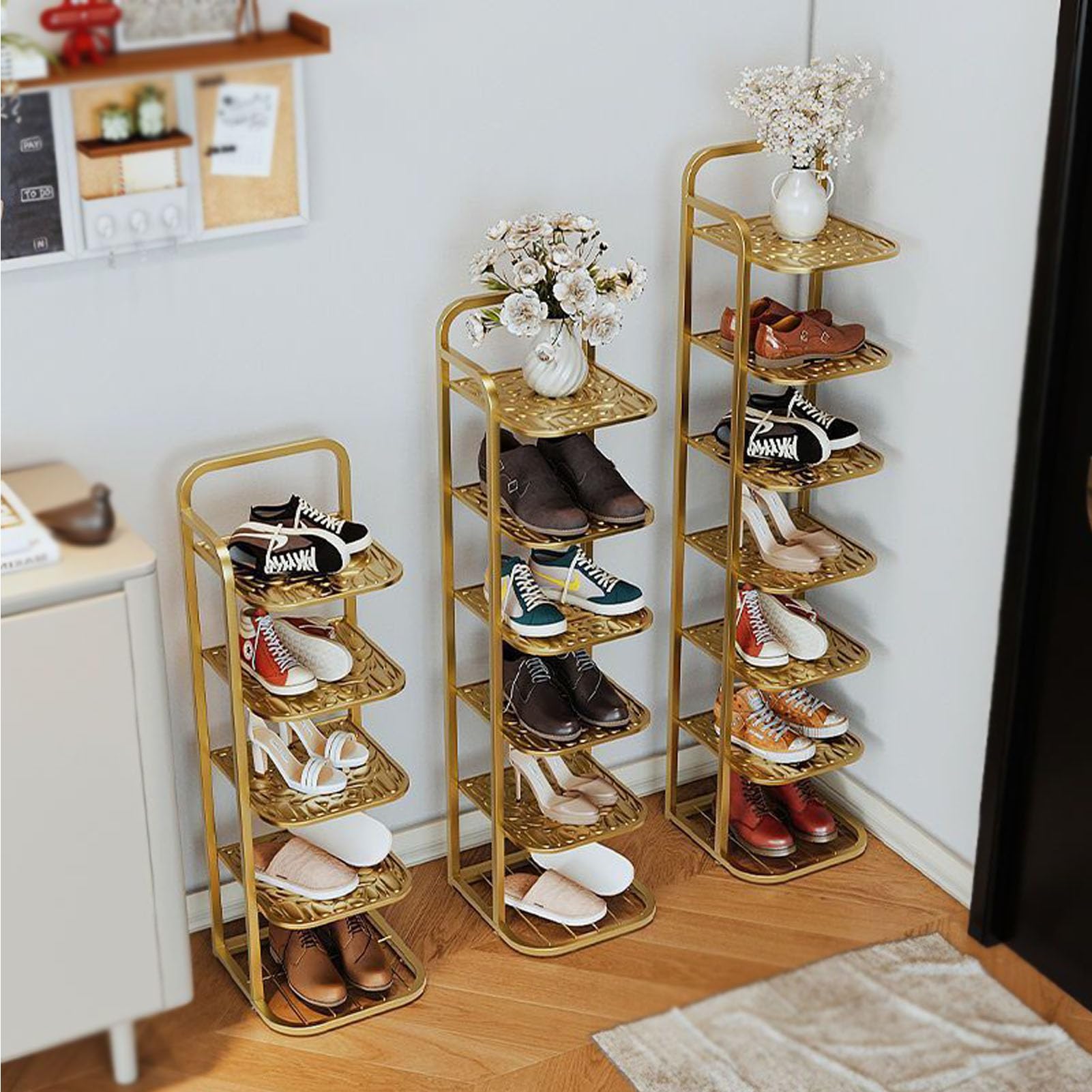 Scarpiera salvaspazio a 5 strati, robusta, color oro, facile da montare, perfetta per piccoli spazi, soluzione elegante per riporre scarpe