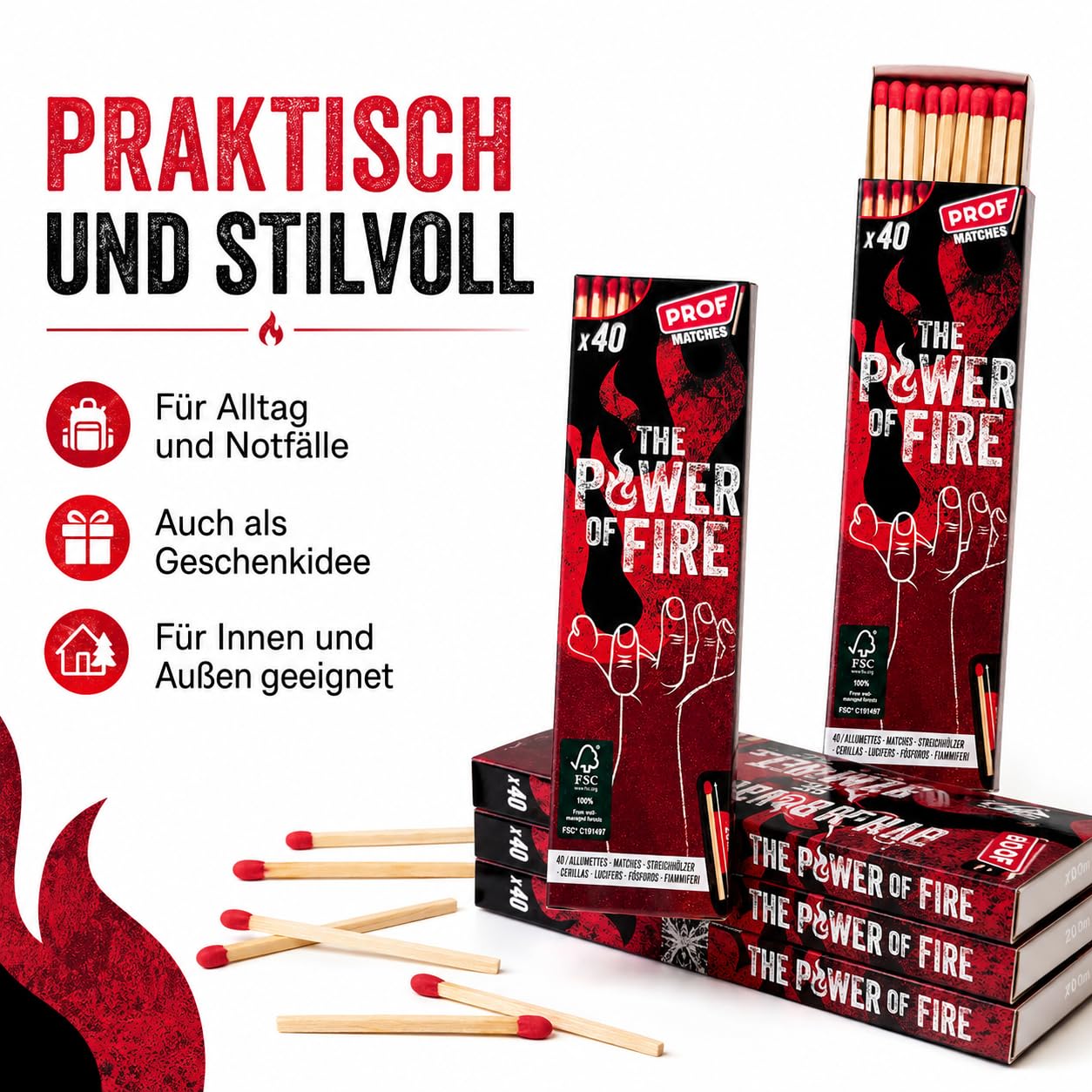 jameitop Confezione da 5 fiammiferi XXL – 20 cm extra lunghi di alta qualità, 200 pezzi per set, ideali per campeggio, barbecue, avventure all'aperto, sopravvivenza, emergenze e progetti fai da te
