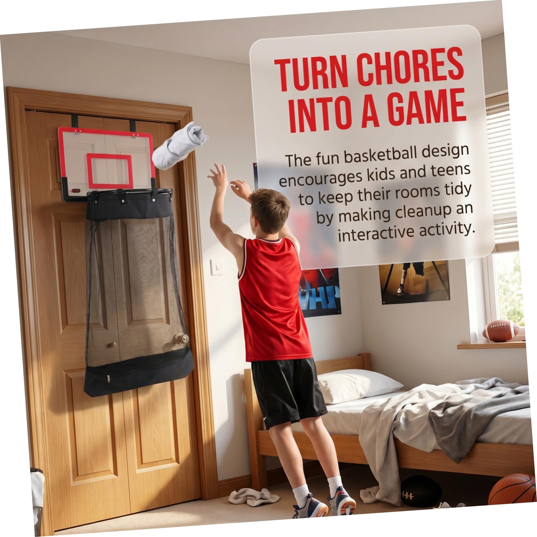 TOYANDONA Basketball Wäschekorb mit Reifen, Rot, 106x40x33 Cm | Kunststoff mit Reißverschluss, Universalhaken zur Montage, für Jugendzimmer und Kleine Wohnungen