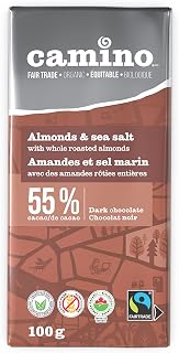 Camino Almonds & Sea Salt, Dark Chocolate (55% Cacao), Vegan-Friendly Organic Chocolate Bar, 100g