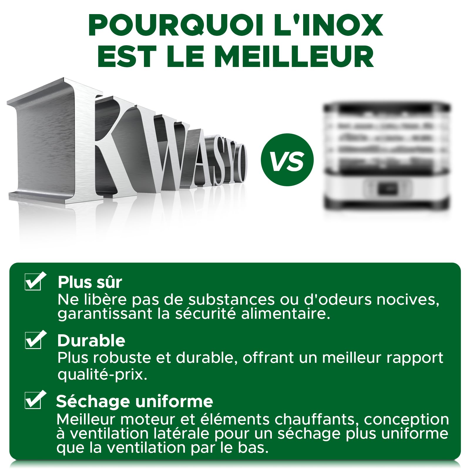 Kwasyo Deshydrateur Alimentaire en acier inoxydable, 8 Plateaux, régulateur de température de 30 à 90 °C, fonction minuterie de 24 h, sans BPA, déshydrateur pour fruits, viandes, légumes