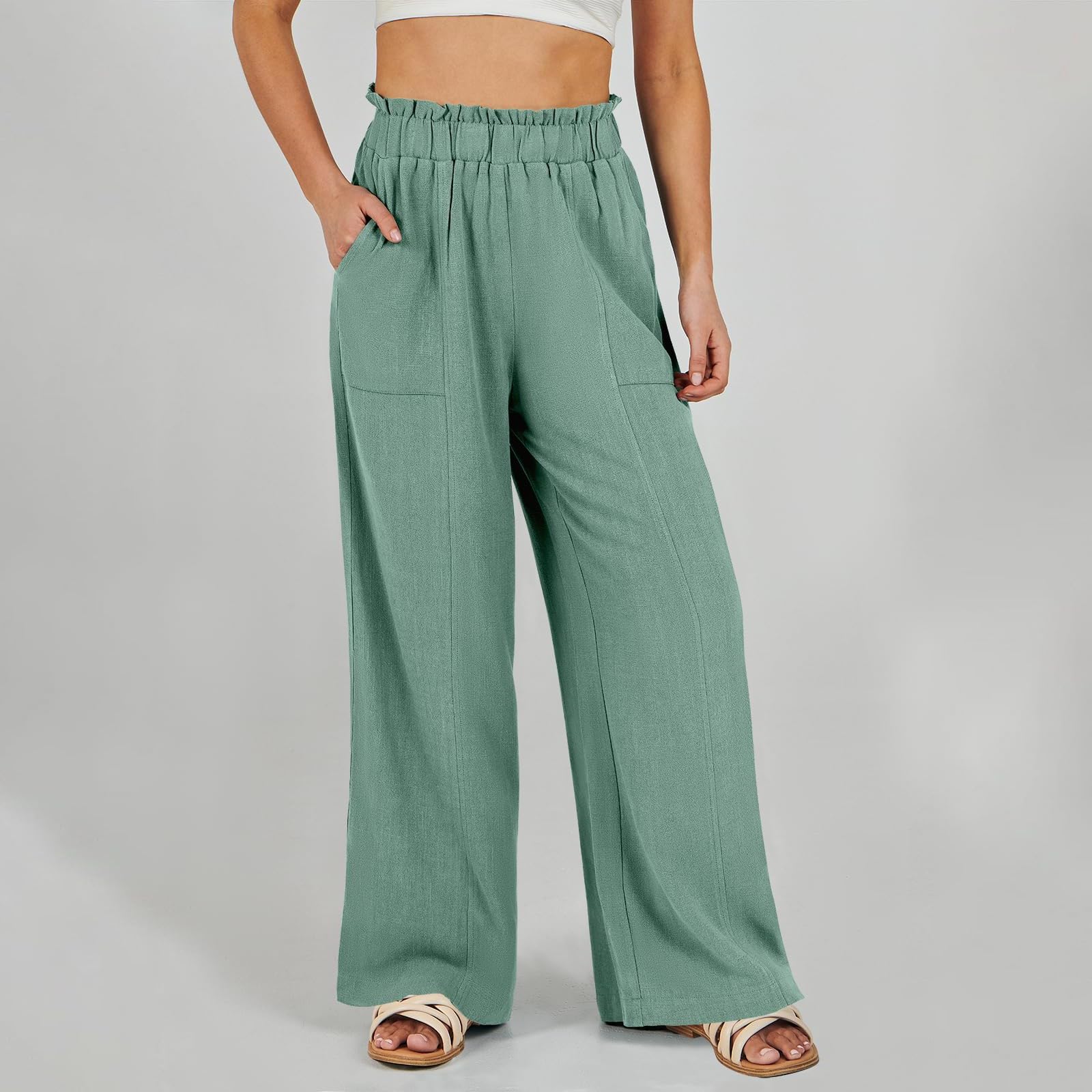 Women's Linen Pants Casual Loose Summer Ruffle Elastic High Waisted Wide Leg Pants with Pockets Boho Dance Studio Comfy Cute Lightweight Beach Vacation Long Straight Leg Trousers Green