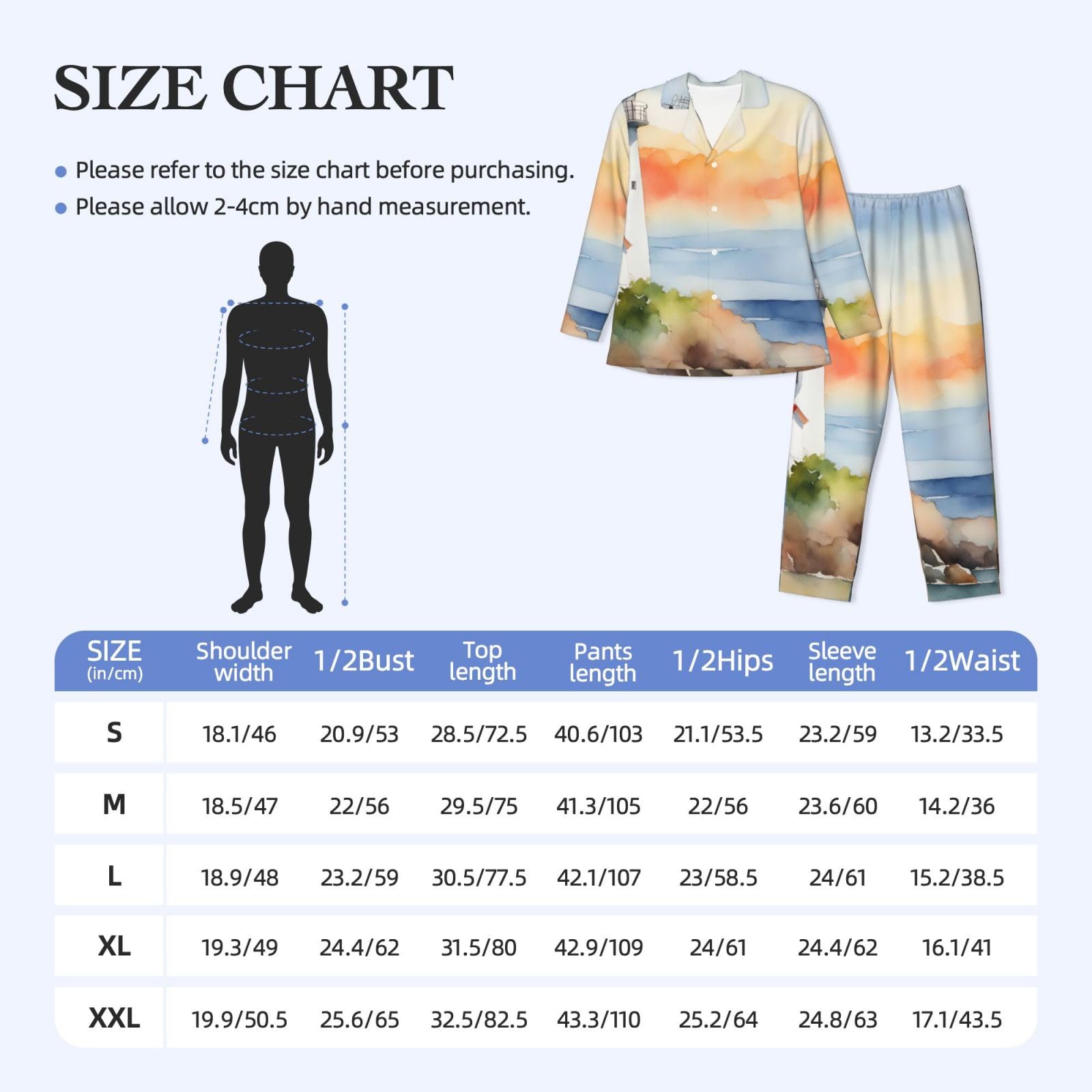 Herren-Pyjama-Set mit Leuchtturm-Aufdruck, langärmelig, zweiteilig, Hauskleidung, bequeme Nachtwäsche
