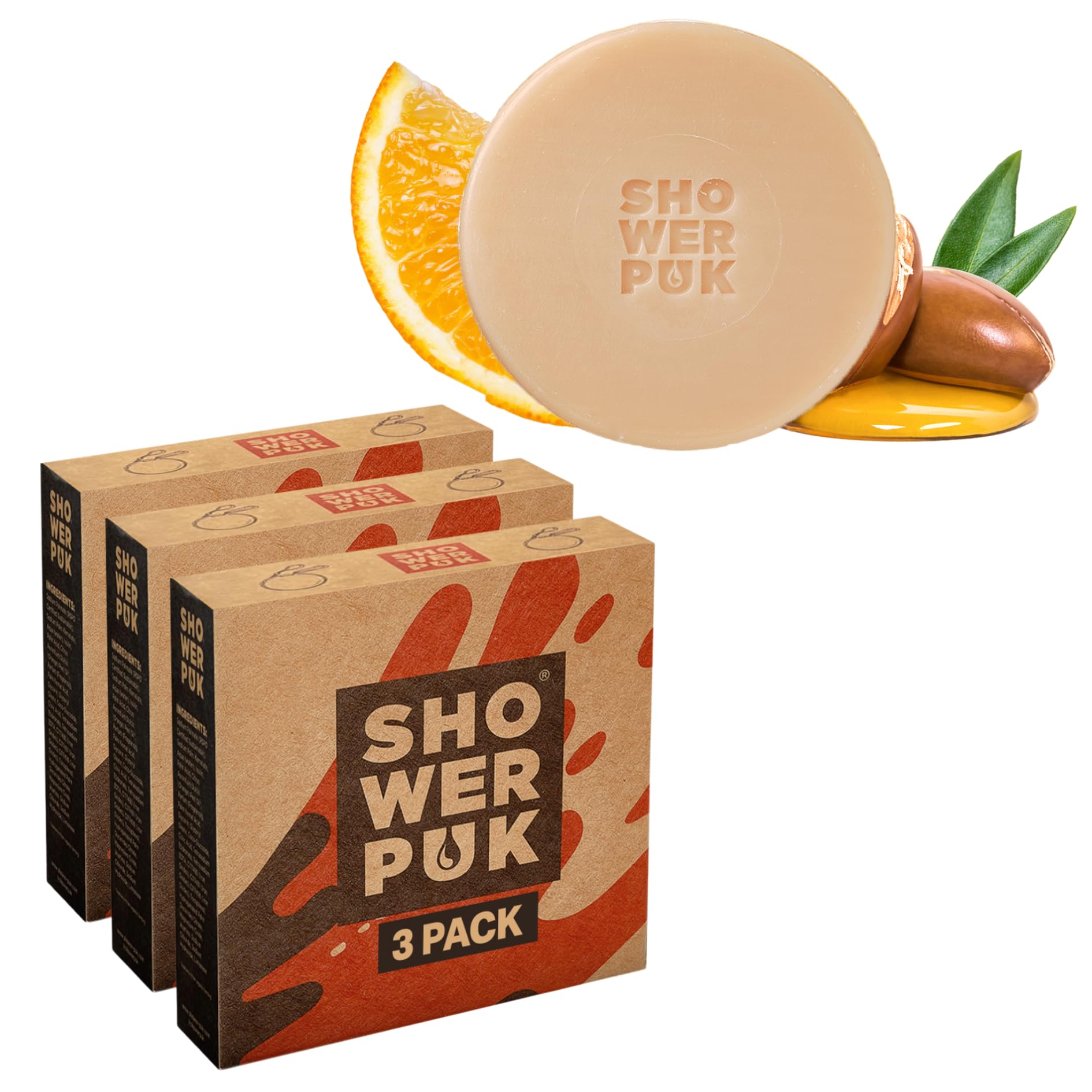 Shower PUK All-in-One Bar: Natural Shampoo, Body Wash & Face Soap with Shea Butter, Argan Oil & Long-Lasting Citrus Scent