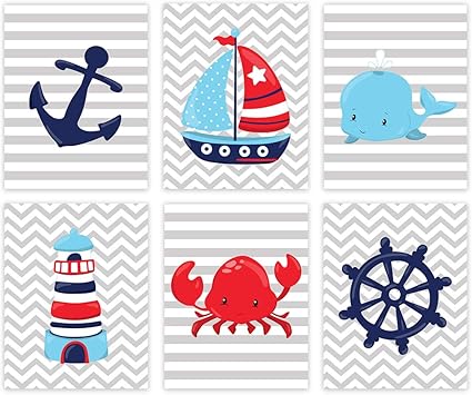 Amazon Com Andaz Press Ocean Nautical Theme Nursery Kids Bedroom Hanging Wall Art Decor 8 5x11 Inch Red Navy Blue Sailboat Anchor Captain S Wheel 6 Pack Unframed Room Poster Health Personal Care