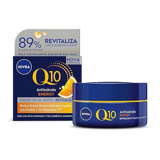 NIVEA Creme Facial Q10 Energy Antissinais Noite 50g, Reduz Linhas Finas, Ilumina, Pele mais Jovem, Revitalizante, Cuidado Facial Noturno