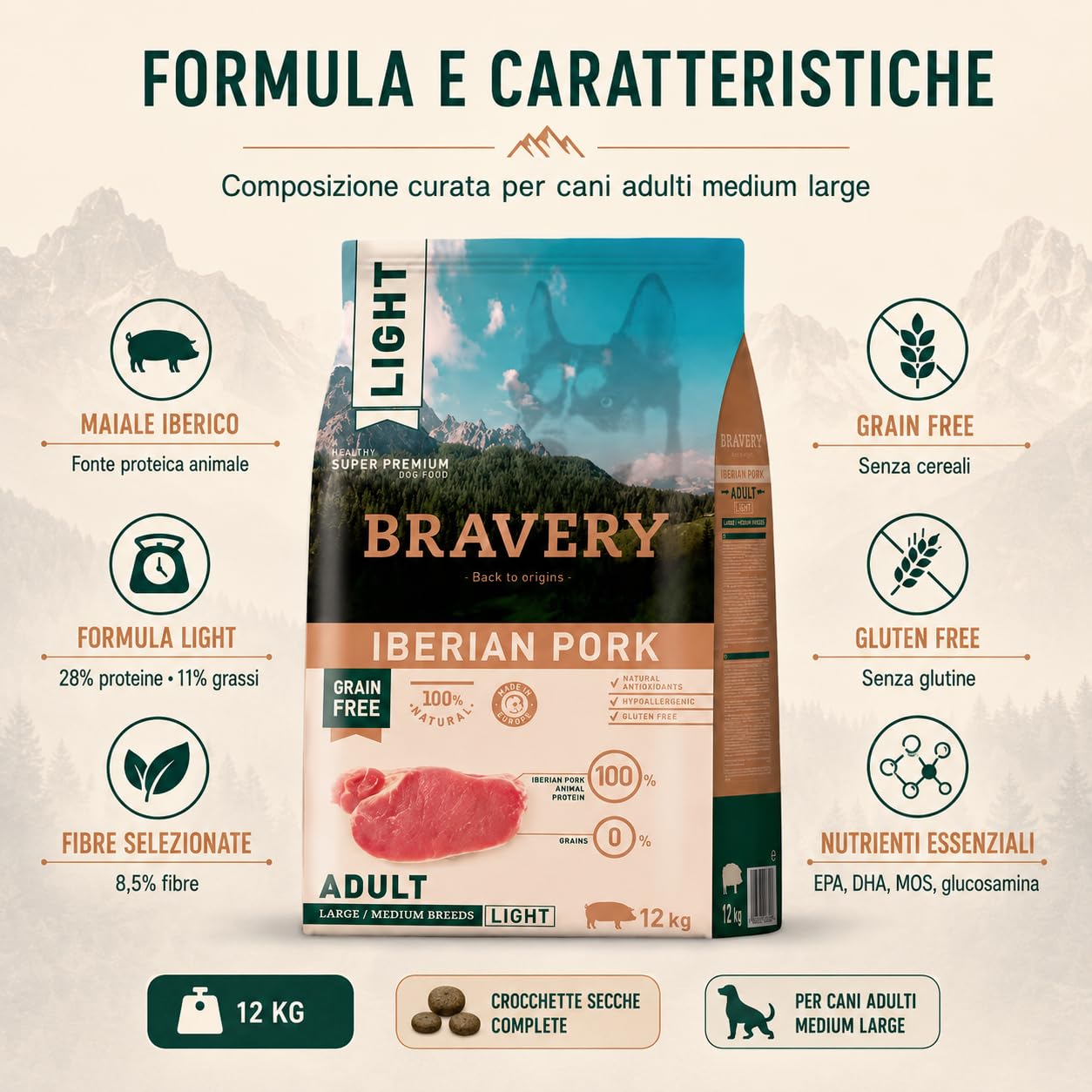 Bravery LIGHT Crocchette Cane Adulto Medium Large 12Kg con Suino Iberico Light, Mangime Secco Grain Free per Cani Sovrappeso o Anziani, Alimento Completo con L-Carnitina e Fibre