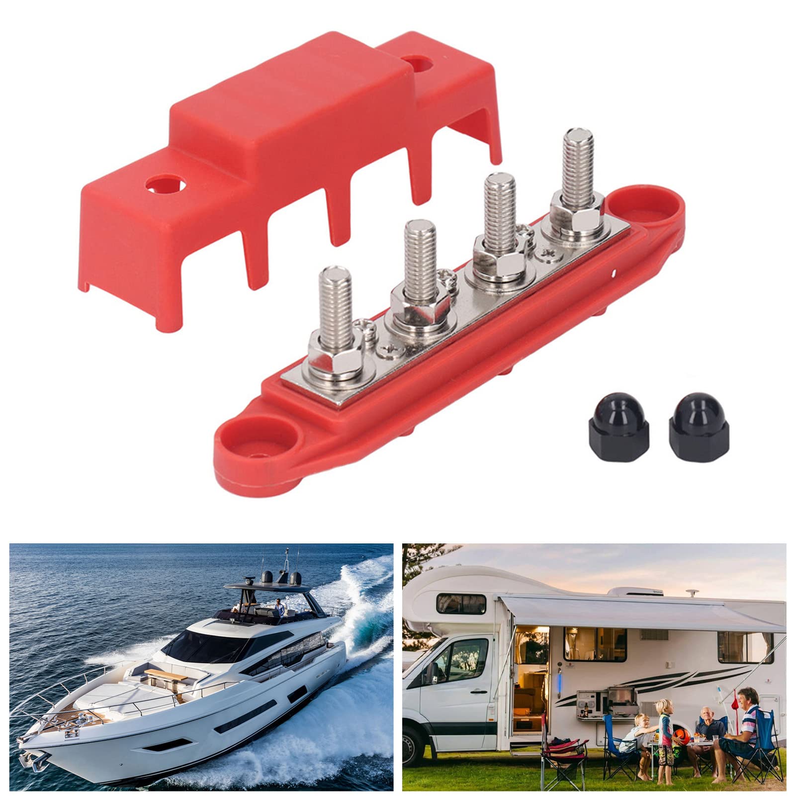 M8 Bus Bar Module 4 Stud Power Distribution Block Busbar Box 48VDC 250A pour RV Yacht (Rouge)