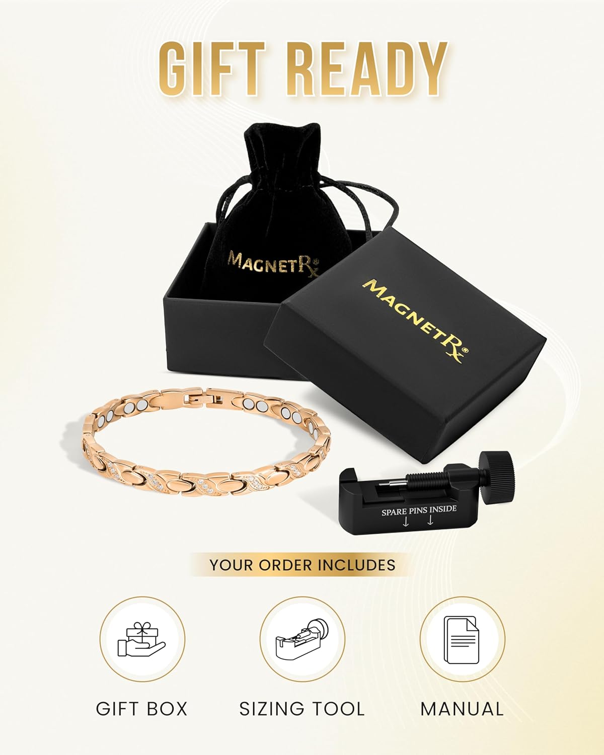 MagnetRX® Ultra Strength Magnetic Bracelets for Women – Double Magnet Stainless Steel Crystal Bracelet for Women – Adjustable Bracelet Length with Sizing Tool (Rose Gold XO) - Image 7