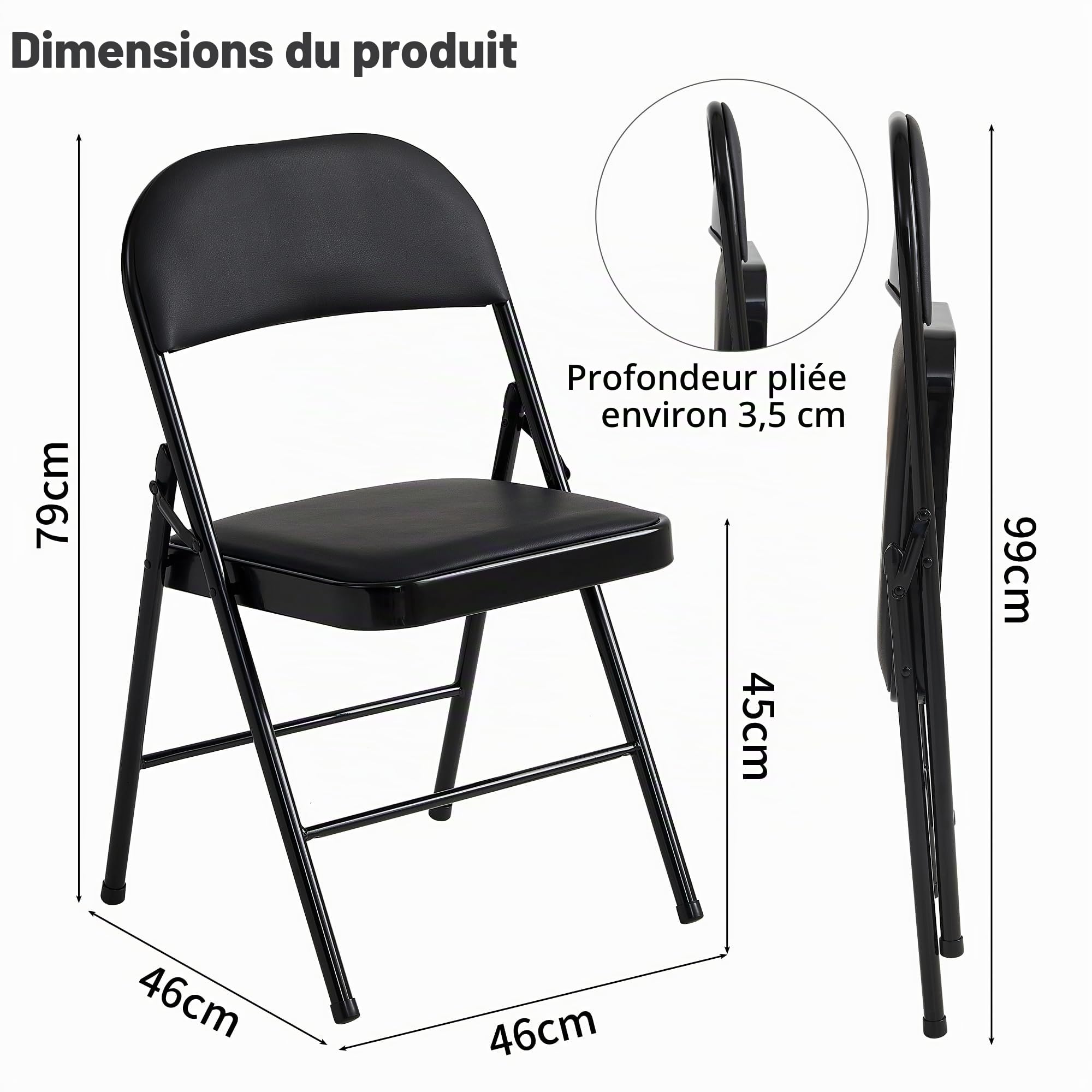 mcc direct Lot de 2 chaises pliantes en similicuir avec cadre en métal et siège rembourré, faciles à plier et à ranger pour la maison, le bureau, la salle à manger et la réception (noir)