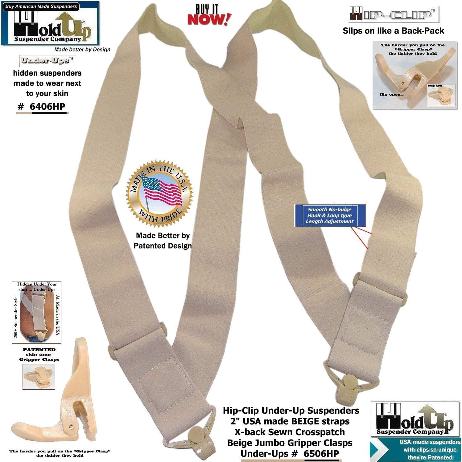 Holdup Hip-Clip Style Under-Ups Suspenders for Men with the Patented Composite Plastic Gripper Clasps or No-slip metal clips