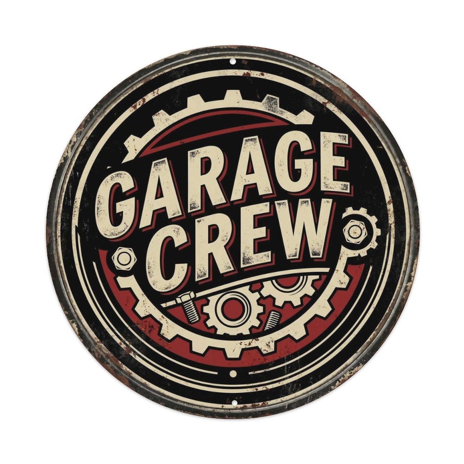 Garage Crew Tools Mechanic Humor Workshop Tool Label Metal Tin Sign Plaque Wall Decor for Cafe, Man Cave, Club Bar, Office, Home Garden Round Metal Poster 8x8Inch