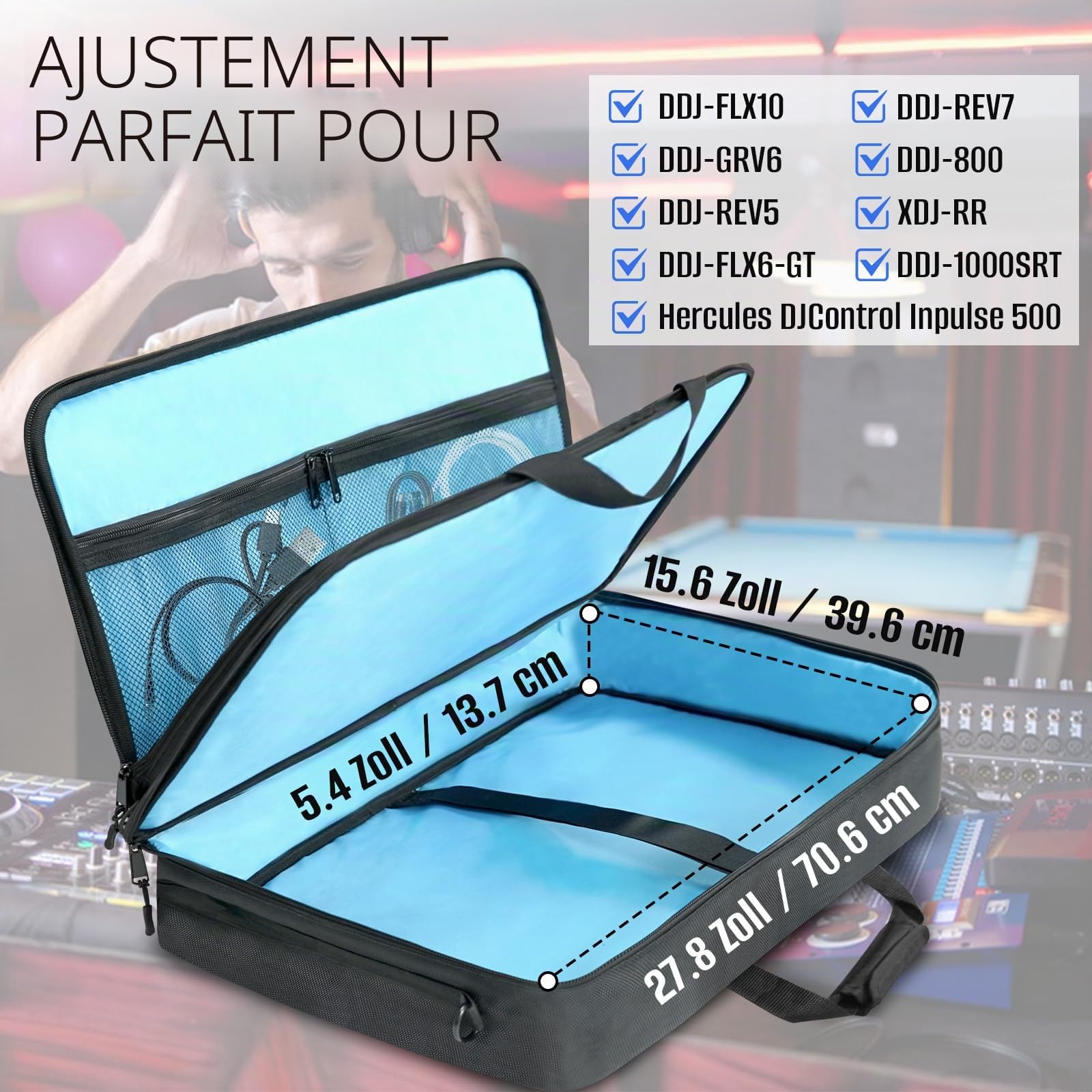 SUNDOY Sac de Transport DJ Compatible avec contrôleur Pioneer - Mallette de Transport résistante aux Chocs avec bandoulière et Compartiments pour Accessoires, Noir, 72x41x15-CM