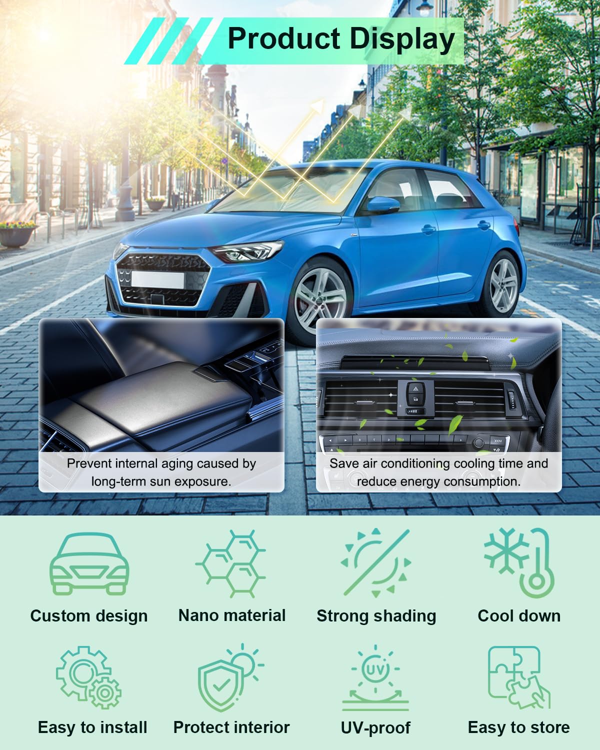 Pare-Soleil Voiture Audi A3/A4/A5 - Tissu Anti-UV 99,23%, Baleines Fibre De Verre, Poignée Anti-Rayures - 8