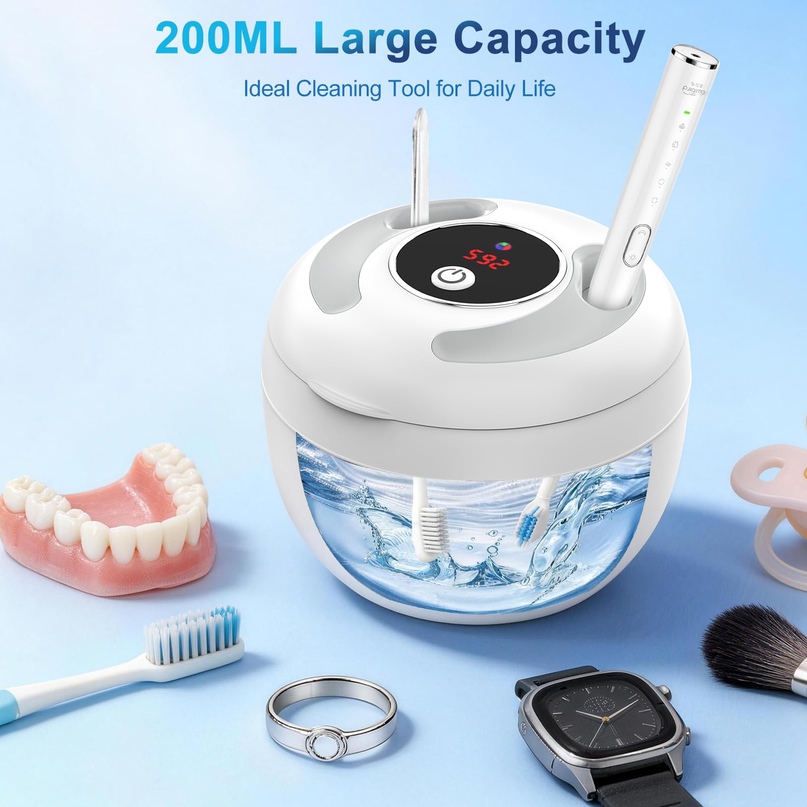 SHINER 45000Hz Pulitore dentale a ultrasuoni Dotato di lampada UV e 4 modalità, pulitore dentale a ultrasuoni da 200 ml, adatto per protesi dentarie, apparecchi di contenzione e gioielli