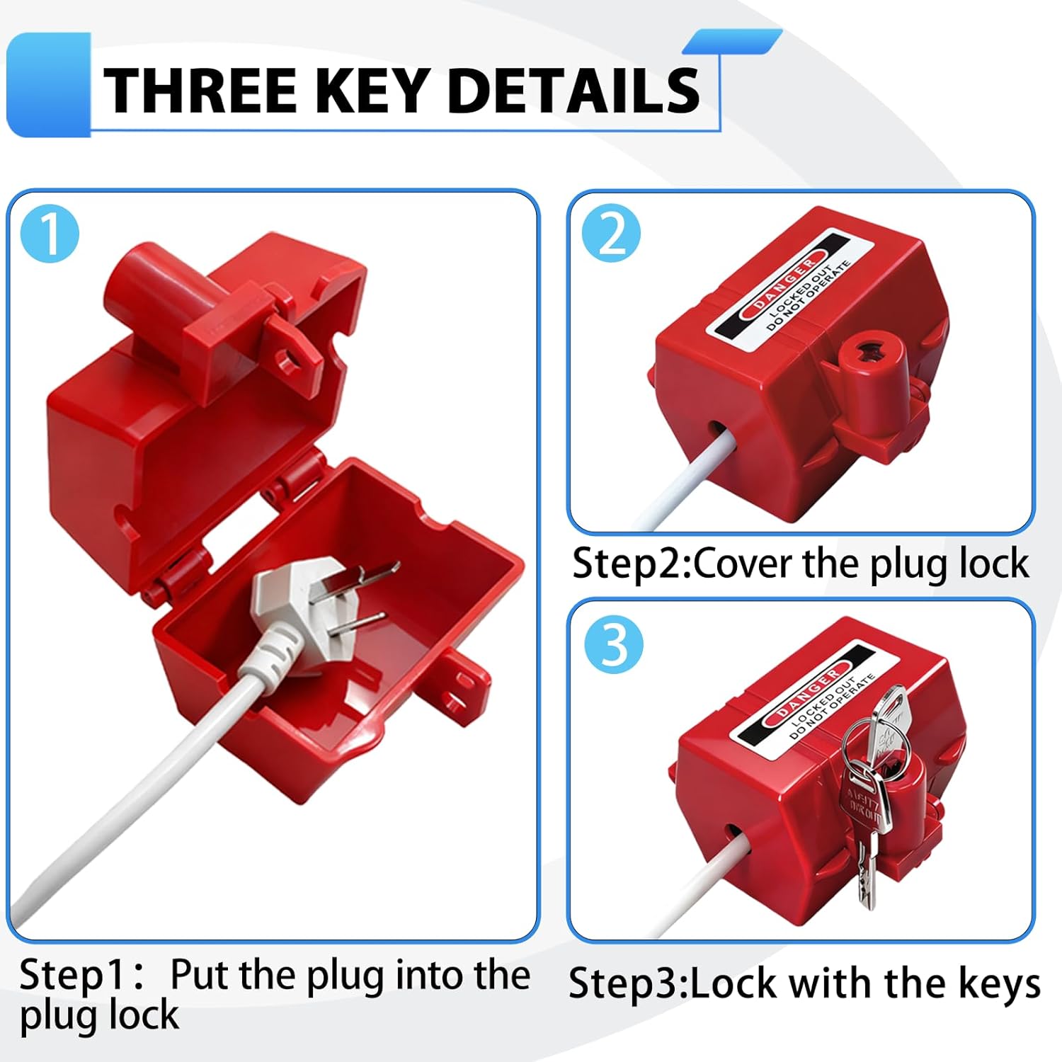 Plug Lock for Power Cords,Self-Locking Extension Cord Lockout&Tagout Devices with 2-Keys,OSHA Compliant for Factory & Home,Christmas Light Strings(Small,3.3x1.8x2.4in,Red),2 Pack