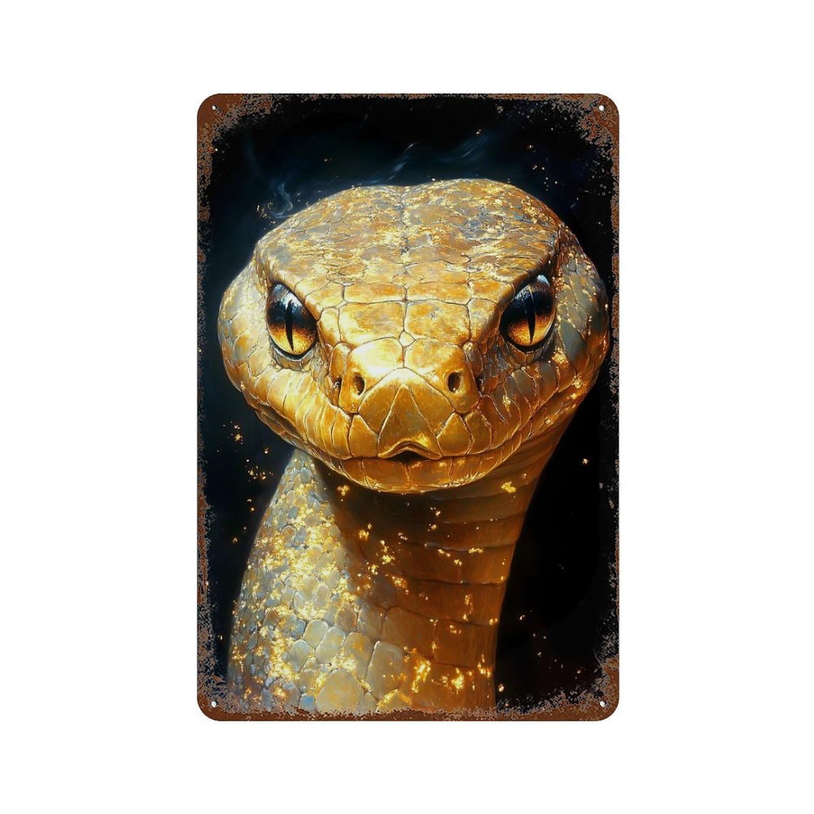 Golden Snake Portrait Animal 11.8"x7.9" Rust Effect Tin Sign, Vintage Wall Decor for Farmhouse, Kitchen And Entryway Decor