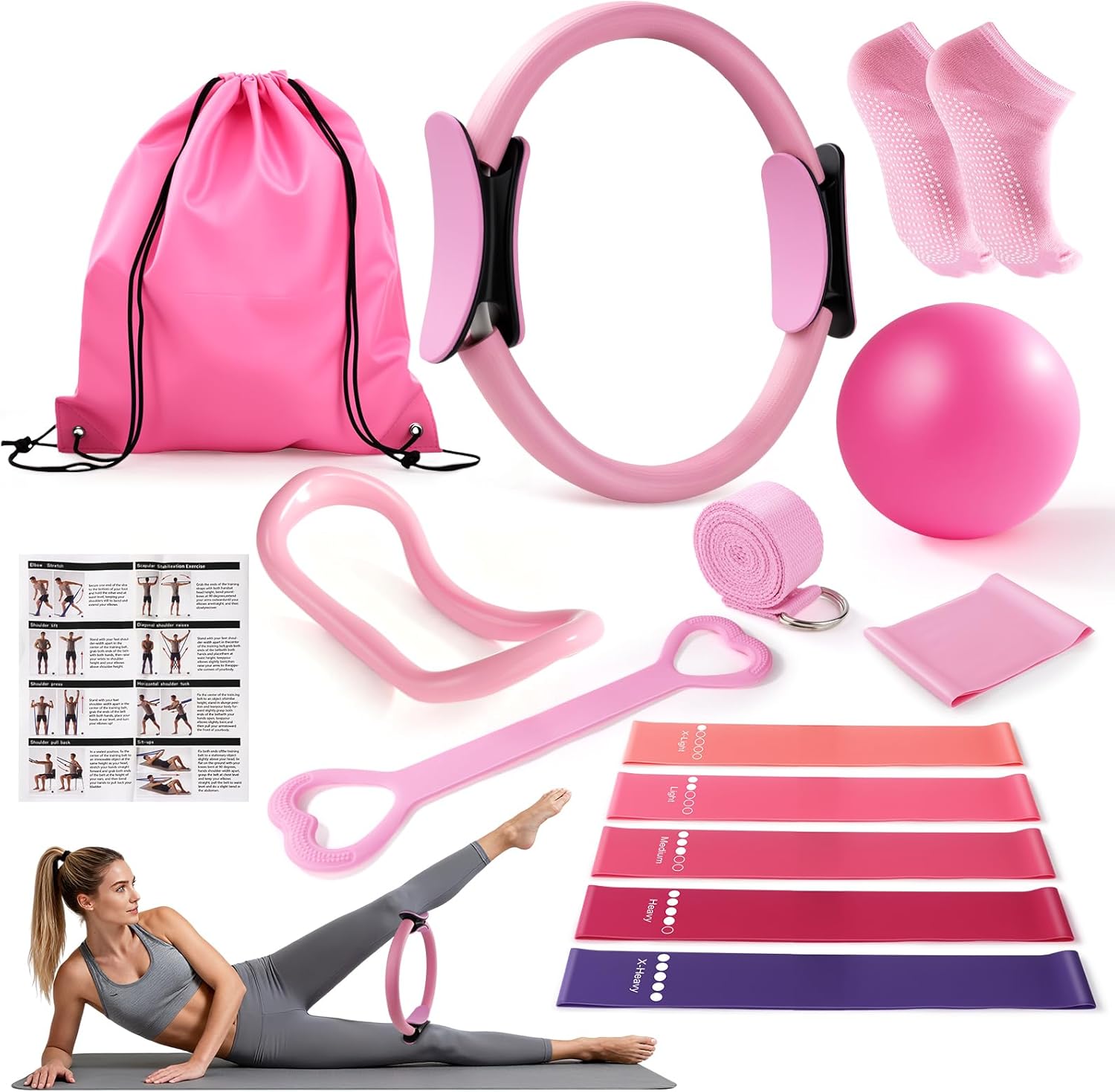 Pilates Kit 14PCS for Women,Home Workout Essentials Kit with Pilates Circle,9 Inch Yoga Ball, Figure 8 Resistance Band, Pilates Sock & Accessories for Beginners, Core Strength,Pink