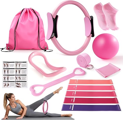 Equipo de pilates de 14 piezas para mujeres, kit de entrenamiento en casa con círculo de pilates, pelota de yoga de 9 pulgadas, banda de resistencia