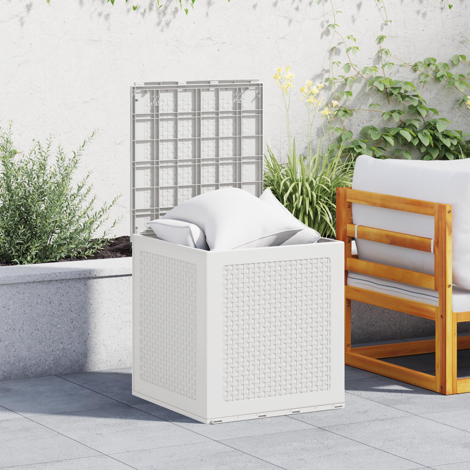 Weiße Gartentruhe aus PP Kunststoff 55x53x57 cm, Wetterfeste Aufbewahrungsbox für Terrasse Balkon Garten, Robuste Outdoor Lagerbox, UV-beständig und Wasserdicht, Einfache