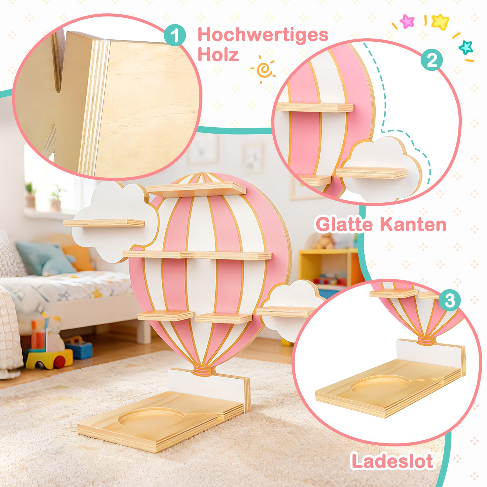 Tonie Regal Heißluftballon & Wolken, Wandregal Standregal für Toniebox & Figuren, Toniebox-Regal für Mädchen Jungen, Perfekte Aufbewahrung im Kinderzimmer, Zubehör für Toniebox 1 & 2 Starterset, Rosa