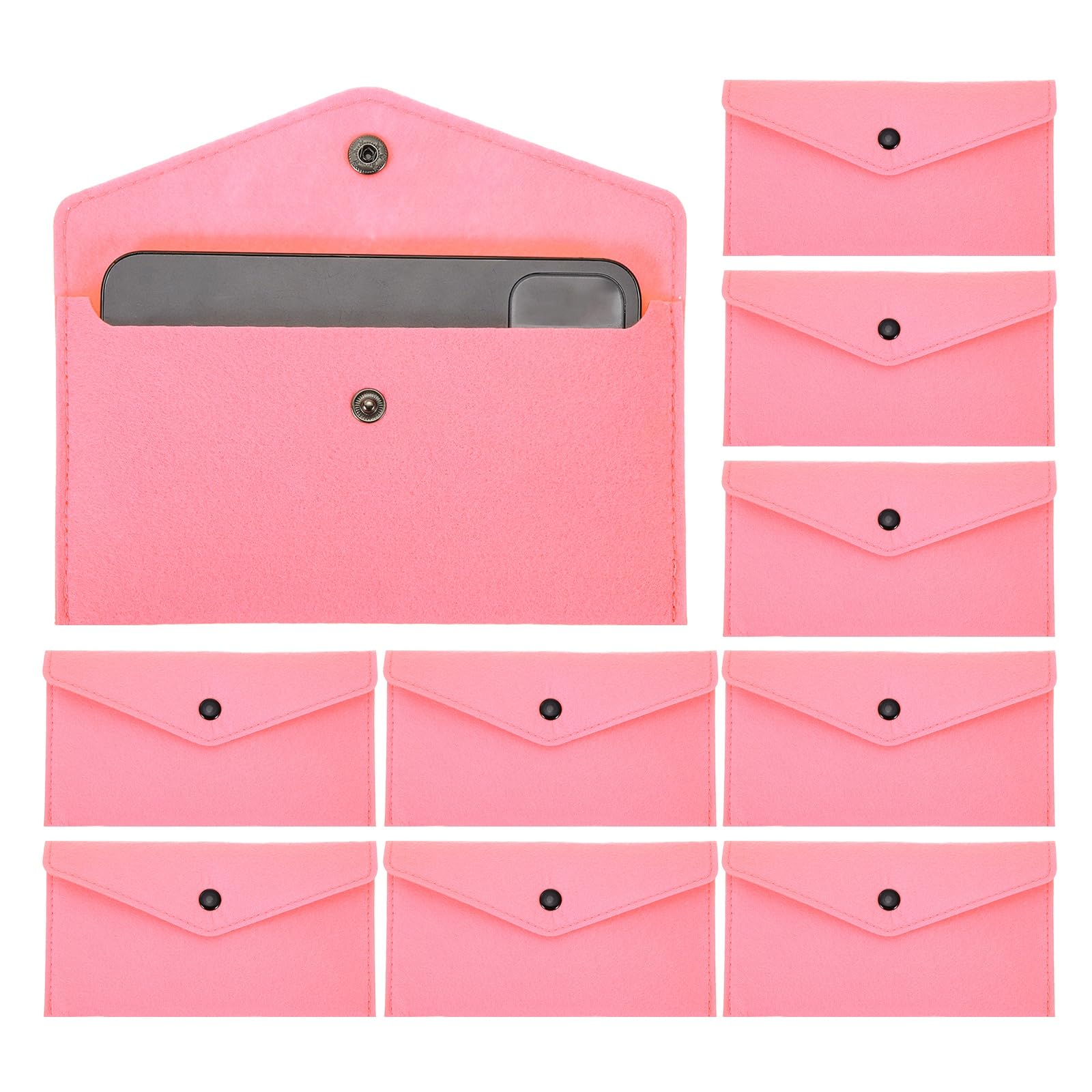 PATIKIL 10Pcs Felt Money Bag, Felt Cellphone Sleeve Case Pouch Cash Bag Button Closure Cash Envelope Wallet Storage Pouch for Card Pen Sunglasses, Pink