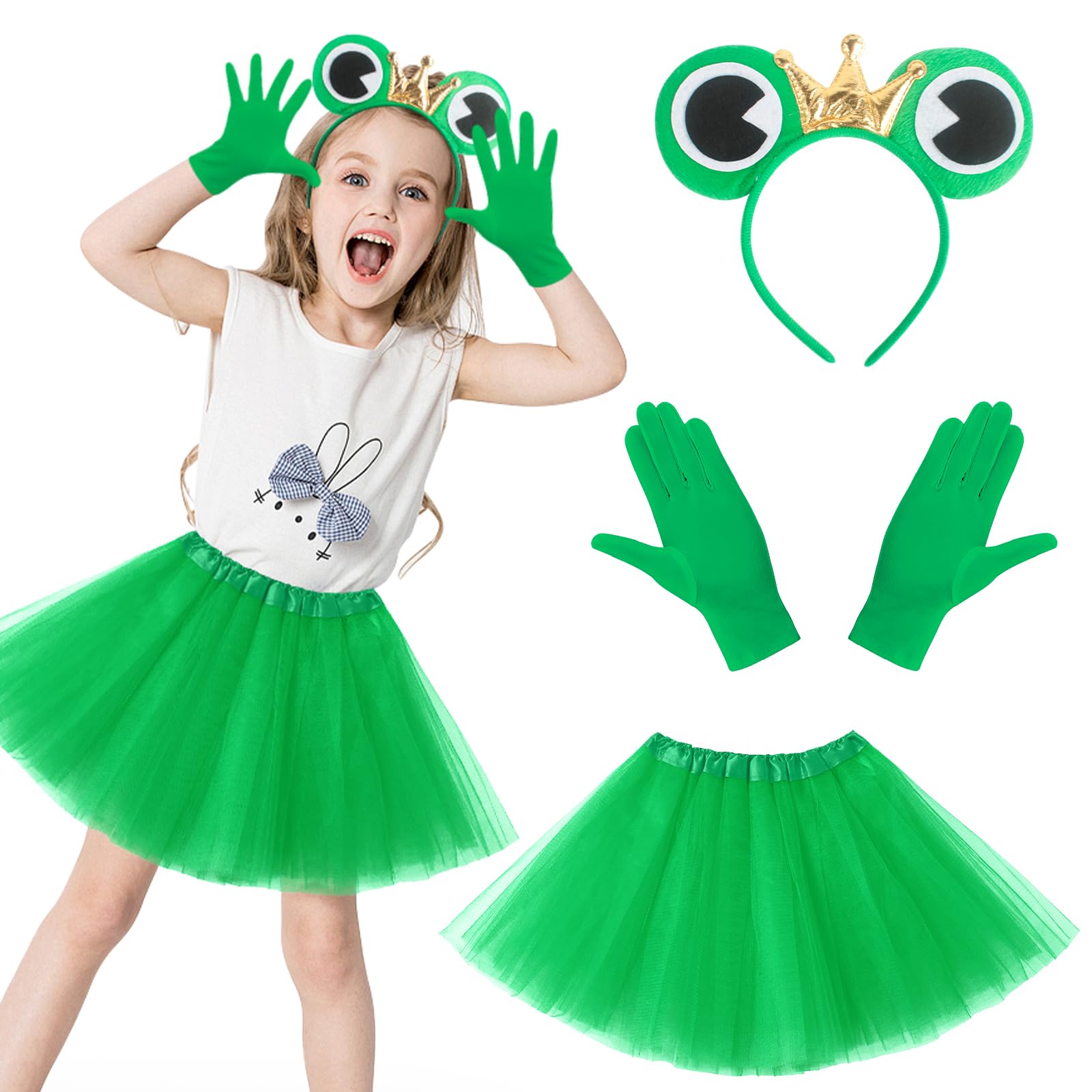 LjFrexia Frosch Kostüm Damen Mädchen, 3 Stück Froschkostüm Accessoire Set, mit Frosch Ohren Haarreif, Grün Tutu Rock und Handschuhe, für Karneval, Fasching, Mottoparty