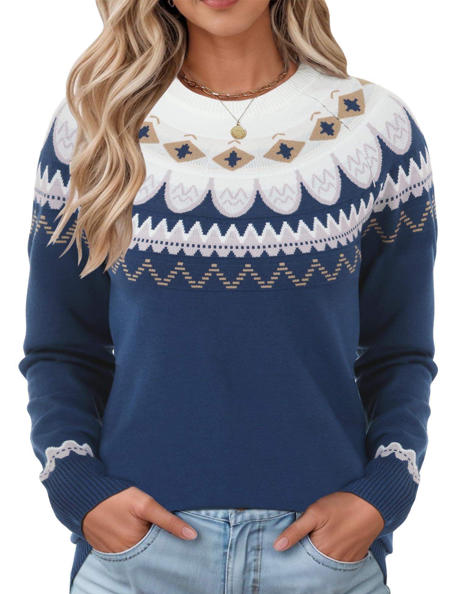 LOMON Womens Casual Lightweight Vintage Fair Isle Sweater Raglan Sleeve Crew Neck Knitted Pullover Comfy Warm Fall Tops
