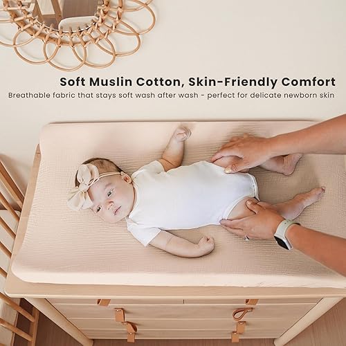 Miniatura 2 de Konssy Juego de 2 fundas de muselina para cambiador de pañales para bebés, niñas y niños, 100% algodón, ajustadas, suaves (marrón, baya)