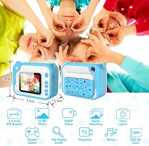 Miniatura 2 de Cámara para niños con impresión instantánea, video de 1080P, tarjeta SD de 32 GB, juguete para niños, regalos de cumpleaños de Pascua para niños y