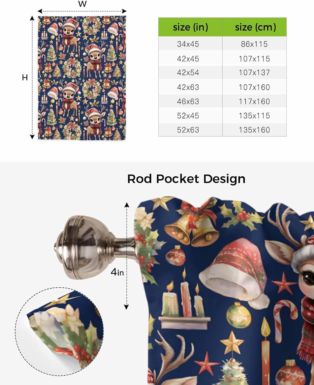 Christmas Deer Blue Tie Up Curtain for Window Blackout Balloon Valance Curtain for Bathroom Winter Xmas Elk Candy Bells Balls Adjustable Window Shade for Kitchen Living Room Bedroom 52"Wx63"L