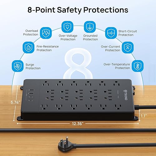 Miniatura 7 de TROND Regleta protectora contra sobretensiones con puertos USB C, cable de extensión de 5 pies con múltiples tomas, 22 salidas de CA y 4 puertos