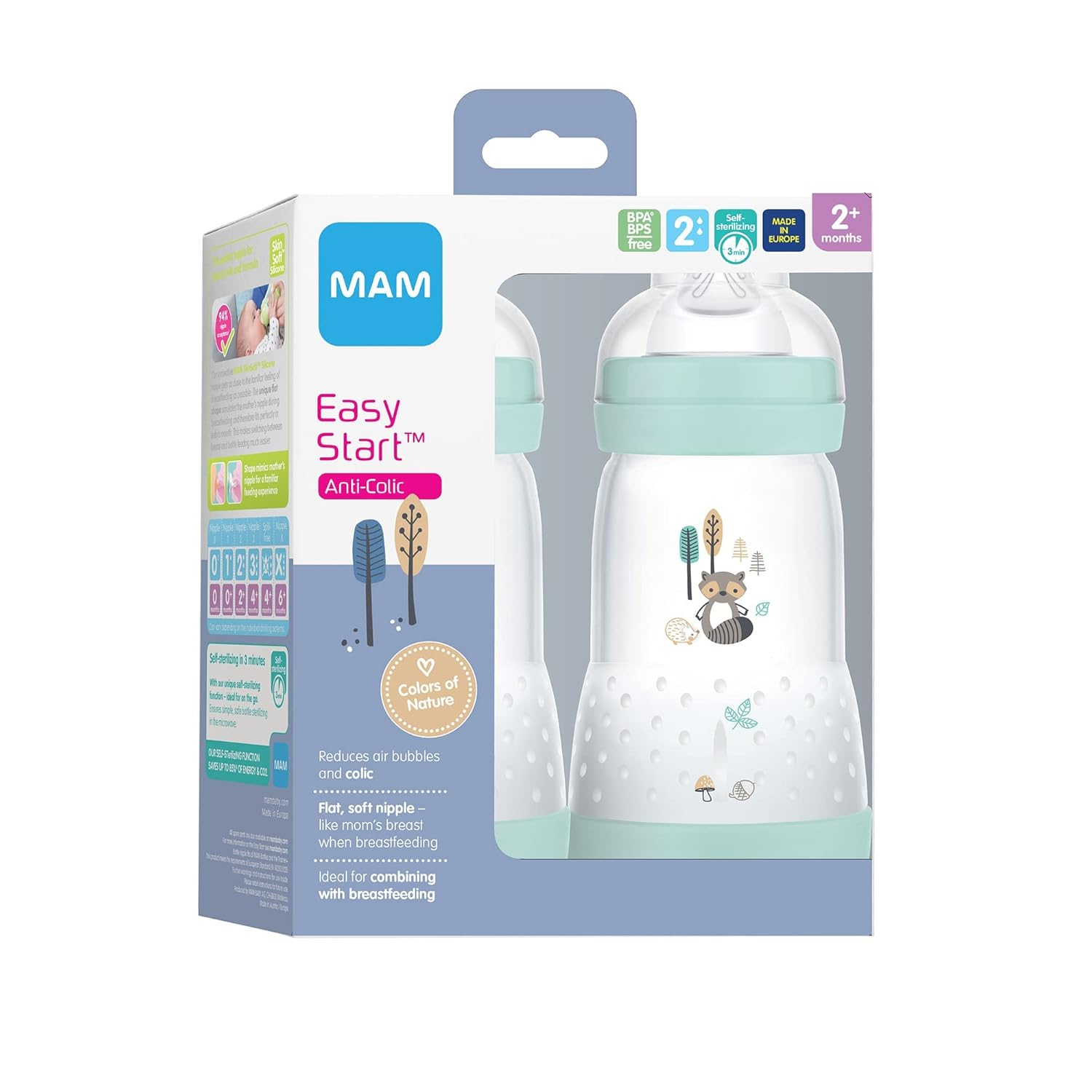 MAM Easy Start Matte Anti-Colic Baby Bottles, 9 oz (2 Count), Medium Flow Nipples, Baby Girl & Boy, 2 Count (Pack of 1)