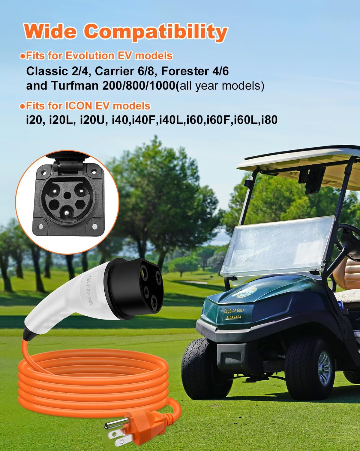 Charging Power Cord Assembly Fits for Evolution ICON Golf Carts,110V-240V 16A 3 pin Golf Cart Charge Plug and 10FT Cable,Replace OEM# 2.04.0620 ST-031016-PT （Plug and Play）
