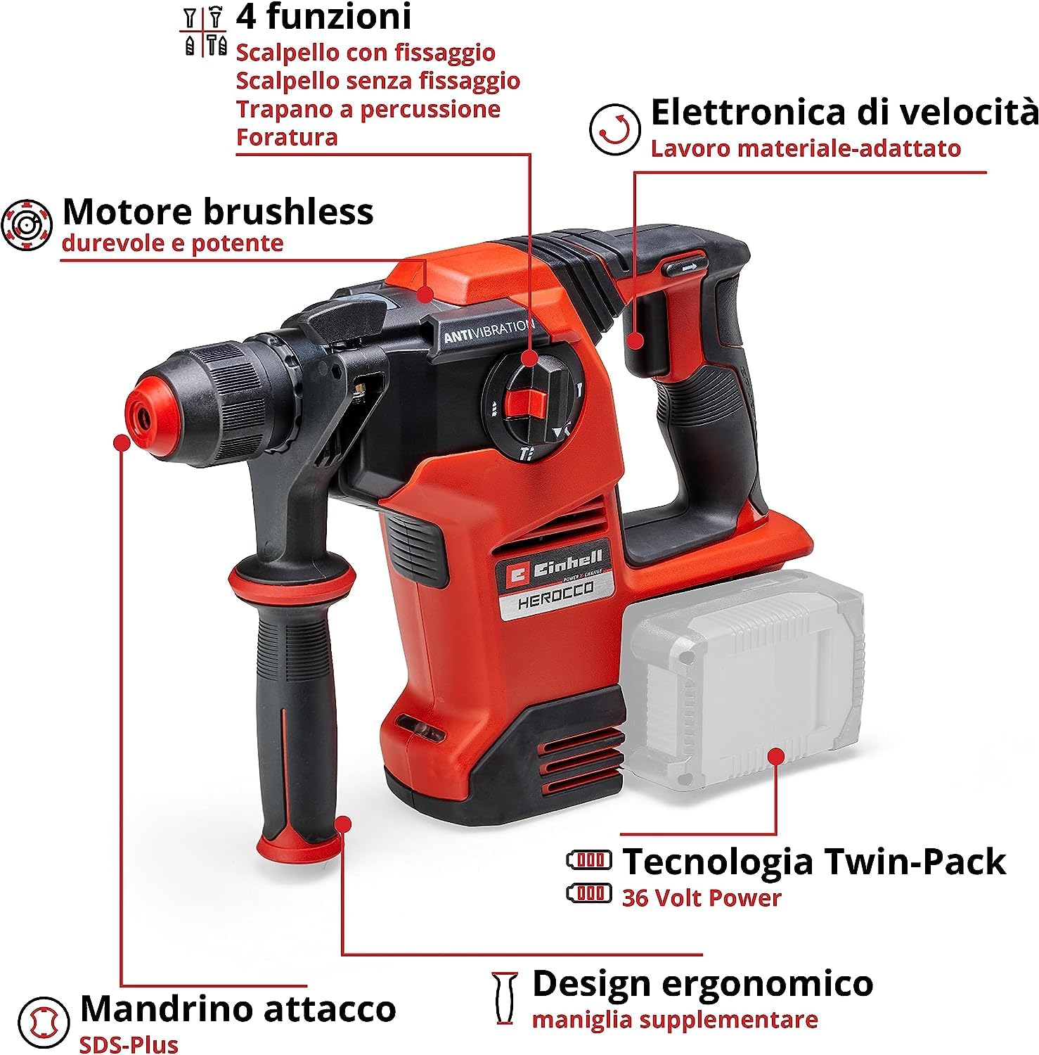 Einhell Tassellatore a batterie Herocco 36/28 Power X-Change (Twin-Pack, foratura/tassellatura/scalpellatura con/senza fissaggio, 3.2 J, senza spazzole, SDS plus, senza batteria/caricabatterie)