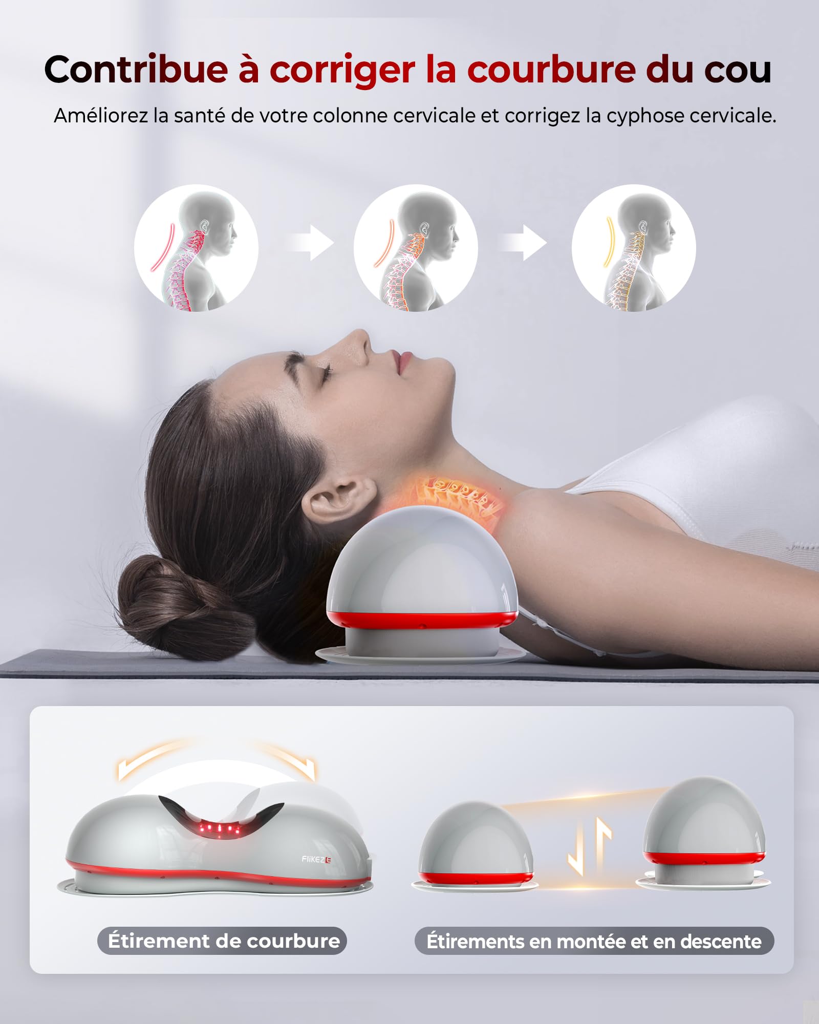 FliKEZE Étireur de cou chauffant avec thérapie par la lumière rouge, appareil de traction cervicale sans fil pour soulager la douleur TMJ et relaxer les épaules, coussin de massage de traction du cou