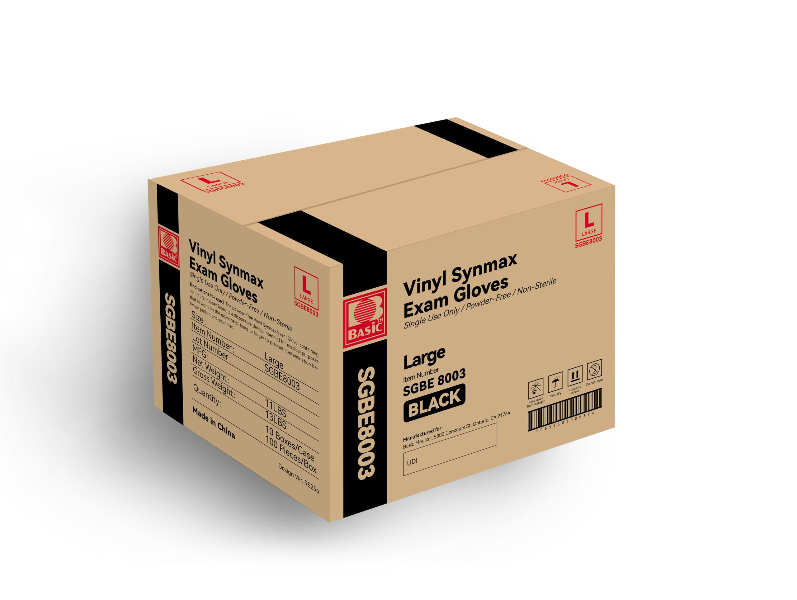Basic Disposable Medical Synmax Vinyl Exam Gloves- 4 mil Safty Glove 1000pcs - Latex-Free & Powder-Free - SGBE 8003, Large (Case of 1000, Black)