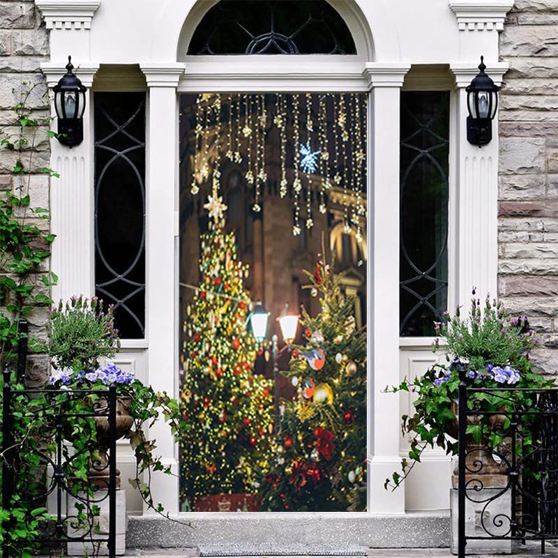 Autocollants de porte d'art 3D arbre de Noël bleu papier peint de porte adhésif amovible 90x200