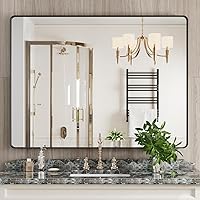 Vista 74 de Espejo de baño negro de 20x30 pulgadas con marco de metal negro, espejo de tocador rectangular redondeado con acabado mate para pared, con vidrio