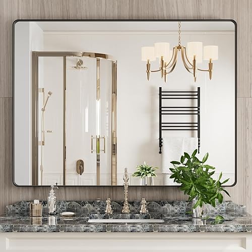 Miniatura 122 de Espejo de baño dorado, 48 x 30 pulgadas, espejo de marco de metal dorado cepillado para pared, espejo rectangular redondeado de tocador de baño